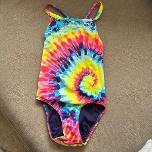 TYR girls tie dye swim suit team size 26 colorful red blue cross back one piece
